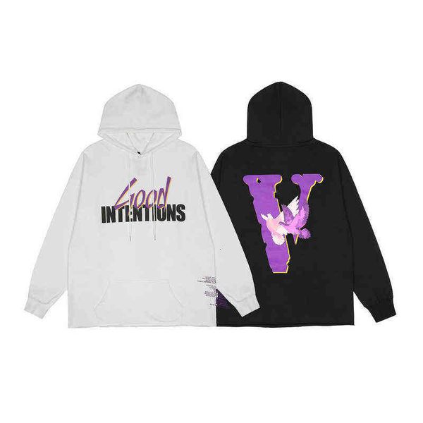 

card tide v@one letter big v flying pigeon print hooded white casual pocket inserted cotton men's sweater, Black