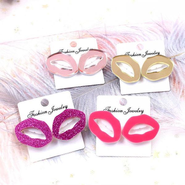 

stud fashion mirror surface cool punk red lips shape acrylic earrings women geometric exaggerated studs mujer brincos, Golden;silver