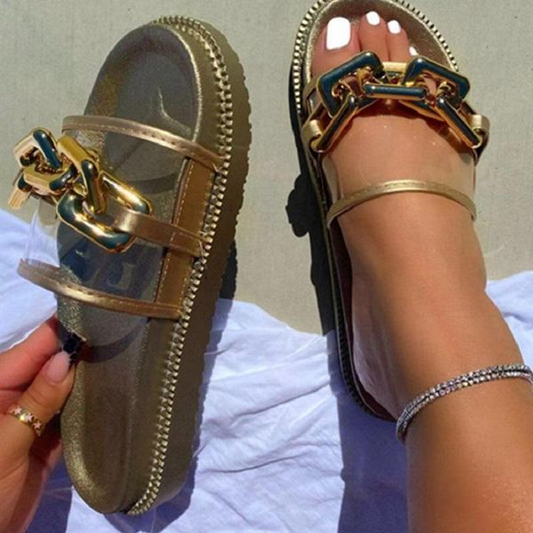 

slippers women metal chain transparent summer female fashion sandals casual slides comfort outside flat plus size, Black