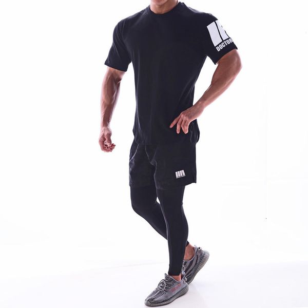 

brothers summer new muscle sports short sleeve crew neck men's fitness leisure t-shirt running training suit, White;black