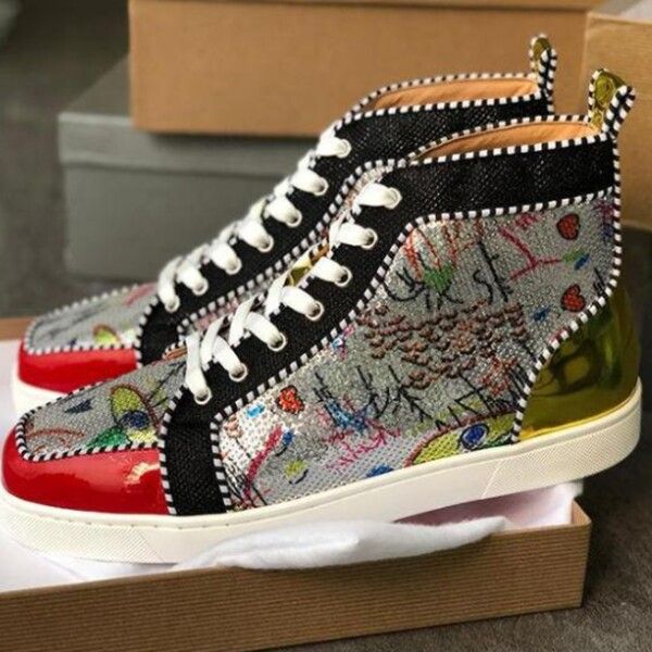 

2021 men's and women's shoes red soles spiked shoes fashion platform insole trainers black, red, white, silver leather high boots