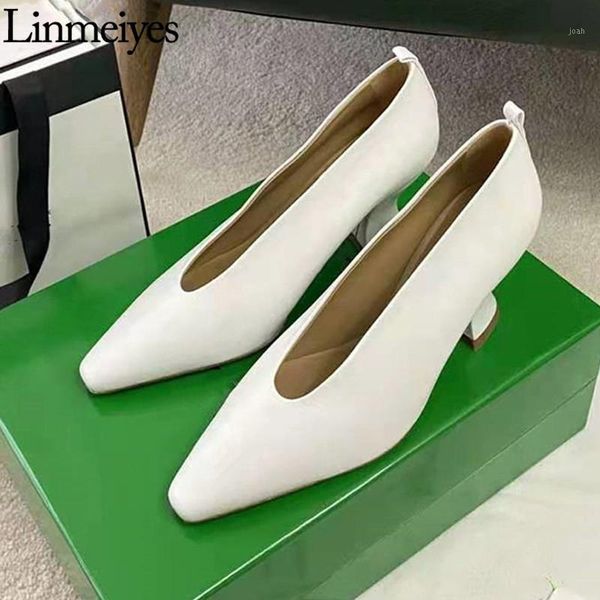 

dress shoes leather woman slip on hoof heel designer show party ladies spring shallow high heels runway for women1, Black