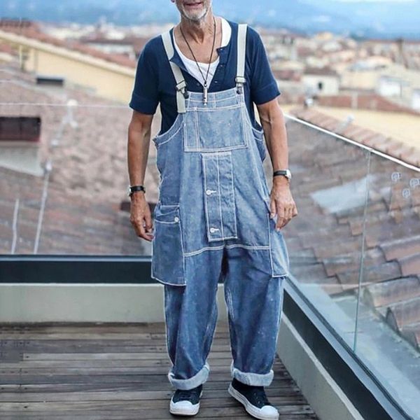 

jumpsuits trendy baggy big denim overalls men blue grey multi pocket loose rights full length jeans