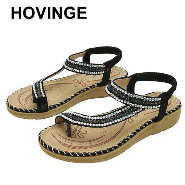 

sandals hovinge summer shoes woman flat sandalias bohemian wind rhinestone large size comfortable ladies, Black