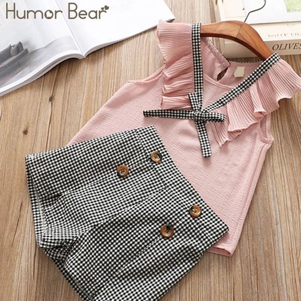 

humor bear girls clothes sets summer sleeveless new cotton plaid button short 2pcs casual toddler clohtes for 2-6y 210225, White