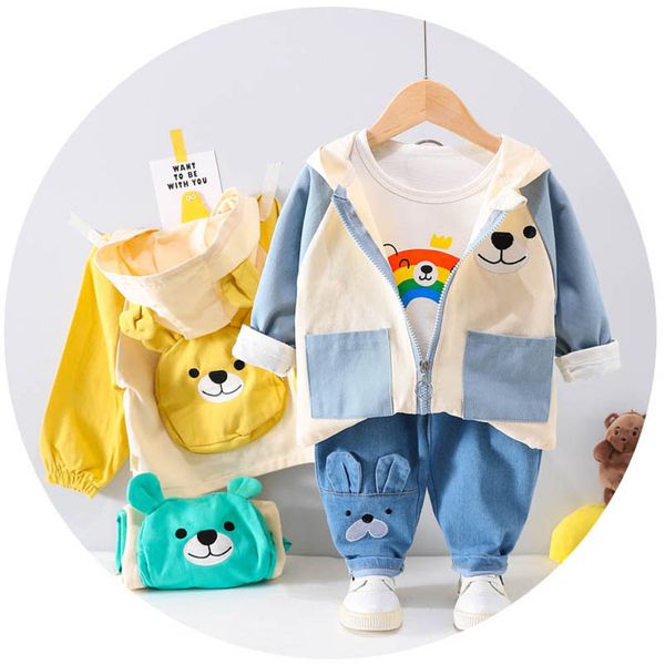 

boys clothing sets baby suits children kids clothes spring and autumn cartoon hooded coats t-shirts jeans pants 3pcs b7794, White