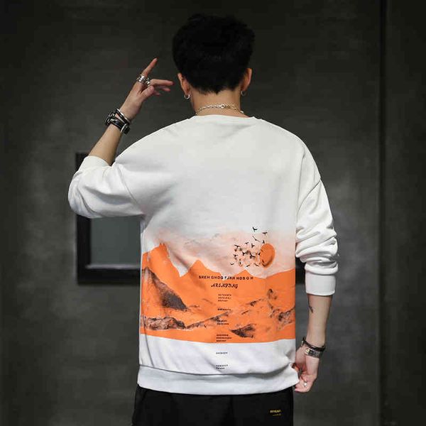 

hoodies sweater fleece men's sweaters autumn and winter 2021 korean fashion desert print versatile round neck long sleeve, Black
