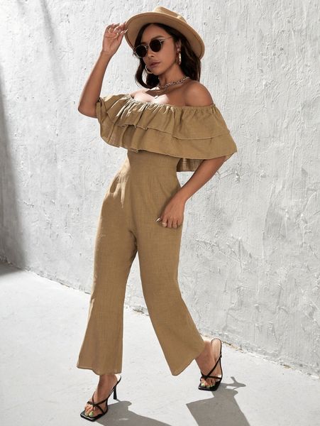 

off shoulder layered ruffle trim jumpsuit i4yd#, White