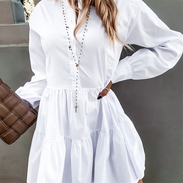 

women autumn long sleeve white pleated shirt dress 2021 winter casual ruffles loose mini dress ladies a line office vestidos, Black;gray