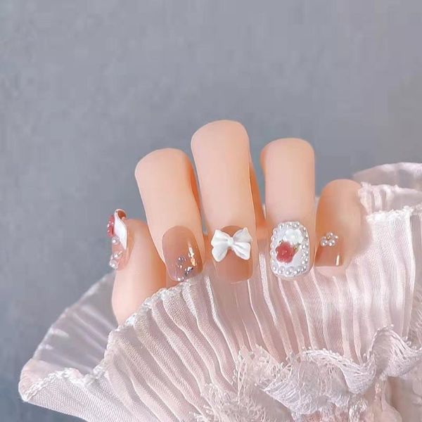 

false nails 24pcs pearl flower fake long pointed head sweet bow full cover wearable suitable fairy girls decor with glue nn, Red;gold