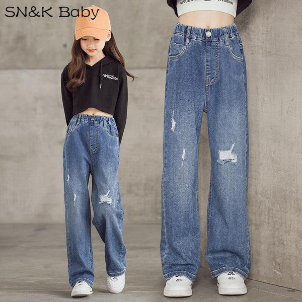 

jeans arrival girls wide leg pants straight cotton children loose ripped denim trousers fashion kid big clothing, Blue