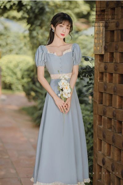 

new female retro-square neck bubble sleeve ladies dress hollow waist fine waistline fairy super skirt wocs, Black;gray