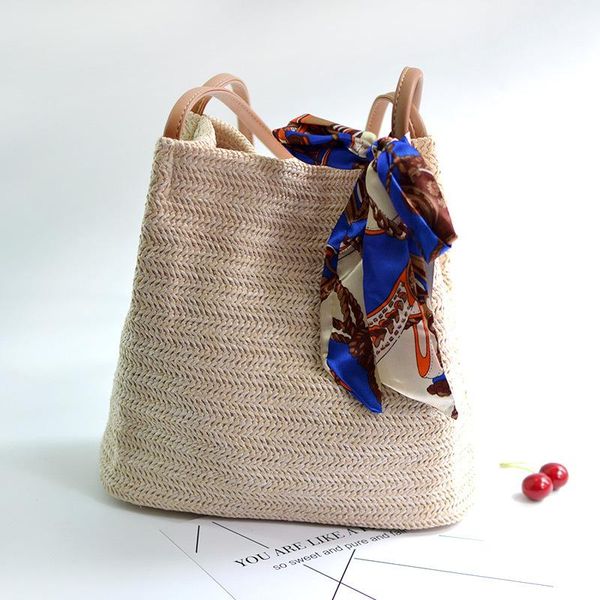 

evening bags women bohemian summer silk scarf straw beach handbag femme holiday style woven one-shoulder bag
