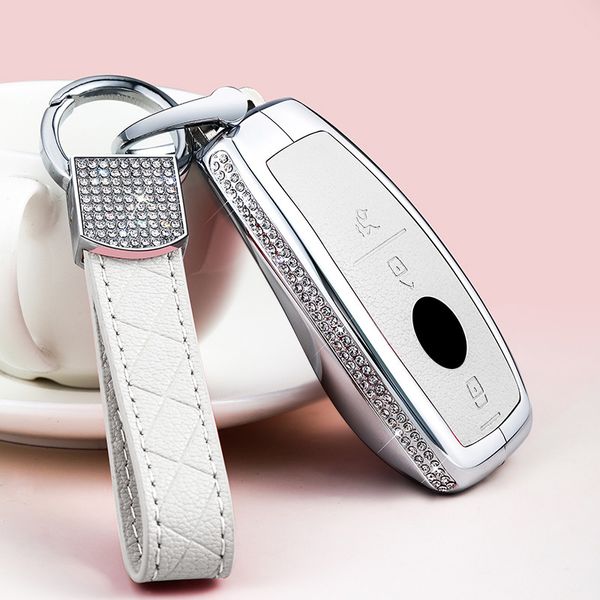 Diamant-Zink-Legierung Leder Autoschlüssel Fall Abdeckung Kette Schlüsselanhänger für Mercedes A B E C S Klasse E260 W205 W204 W176 CLA für Frauen