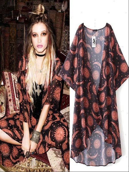 

women chiffon blouses sun moon floral print loose shawl kimono cardigan cover up shirt blouse blusas feminina 2020, White