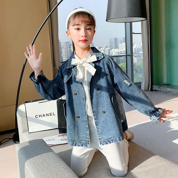 

jackets 2021 arrival girl denim middle school children back lace stitching coat for spring and autumn fashionable clothes, Blue;gray