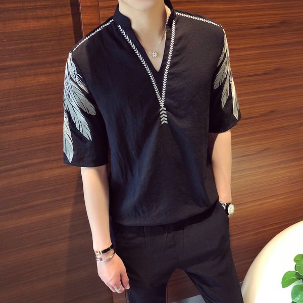 

2021 spring short-sleeve shirt with cleavage at night club social shirts printed streetwear male blouse chemise homme kuur, White;black