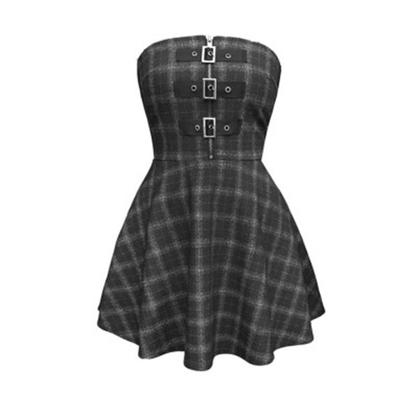 

casual dresses autumn winter women gray plaid pleated backless rock punk gothic girls female short p5m1, Black;gray