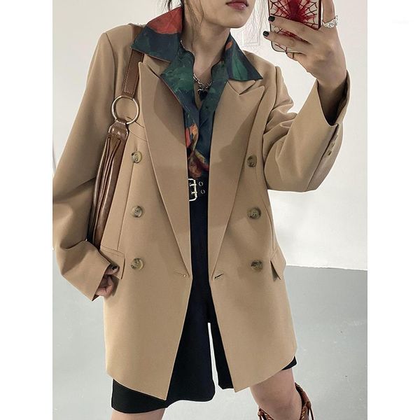 

women's suits & blazers [ewq] 2021 korea chic women autumn loose casual temperament suit coat khaki blazer jacket female fashion 16r42, White;black