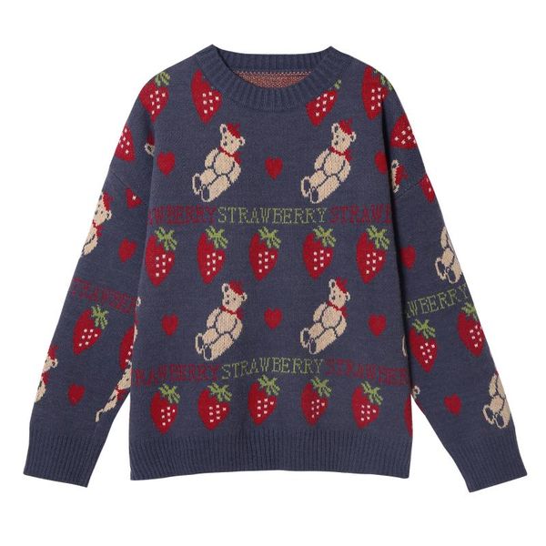 

women's sweaters lovely strawberry jacquard sweater 2021 autumn/winter female loose design sense student round neck pullover wool, White;black