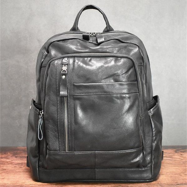 

backpack simple casual designer natural genuine leather men's black lapschool bag outdoor travel large-capacity real cowhide