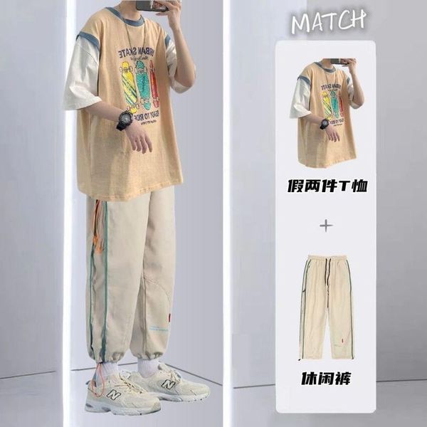 

men's tracksuits casual suit man fake two-piece t-shirt and pants skateboard printed short-sleeved t-shirts student lose pant wild clot, Gray