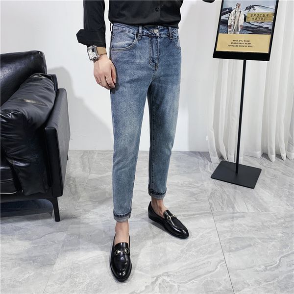 

high 2021 new quality water washing fine fit jeans for men's clothes autumn all the cozy korean game casual denim pants 34-29 9wra, Blue