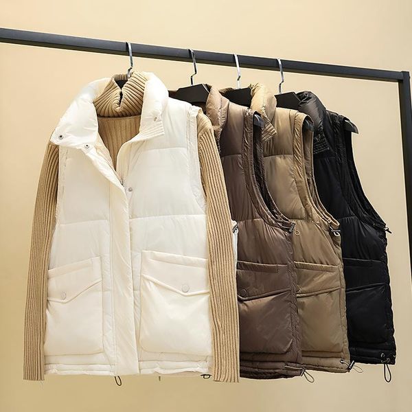 

women's vests 2021 autumn winter women vest mandarin collar sleeveless coat waterproof jacket waistcoat female plus size para mujer, Black;white