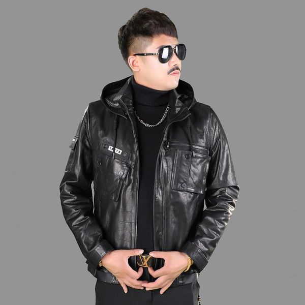

men's leather & faux genuine jacket layer cowhide hooded short oil wax spring autumn winter leisure coat, Black