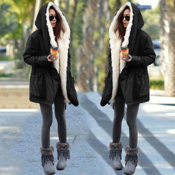 

autumn winter jacket solid hooded coat women parka long plus size casual outerwear fur collar jackets chaquetas mujer1, Black