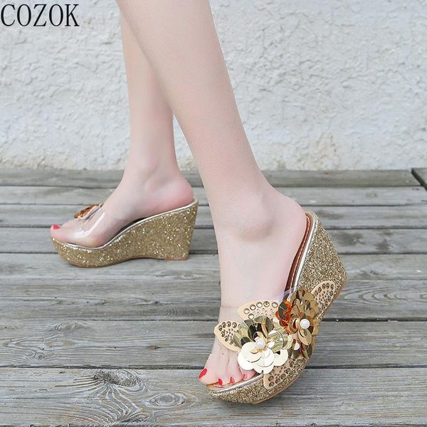 

dress shoes 2021 year summer fashion comfortable women sandals slippers set foot crystal flowers leisure wedge heels 35-40, Black