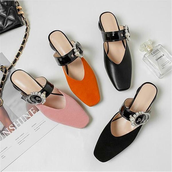 

slippers strap pearl decoration square head ladies high heels black pink orange ball spring and autumn party shoe