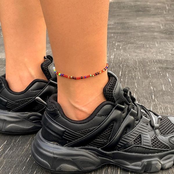 

anklets bohemia simple colorful seed beads chain anklet for women retro elastic beaded bracelet on the leg boho foot jewelry gift, Red;blue