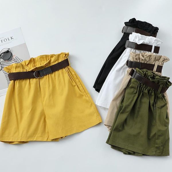 

women's shorts korean simple solid summer with belt 2021 loose high waist slim green women black paperbag -85, White;black