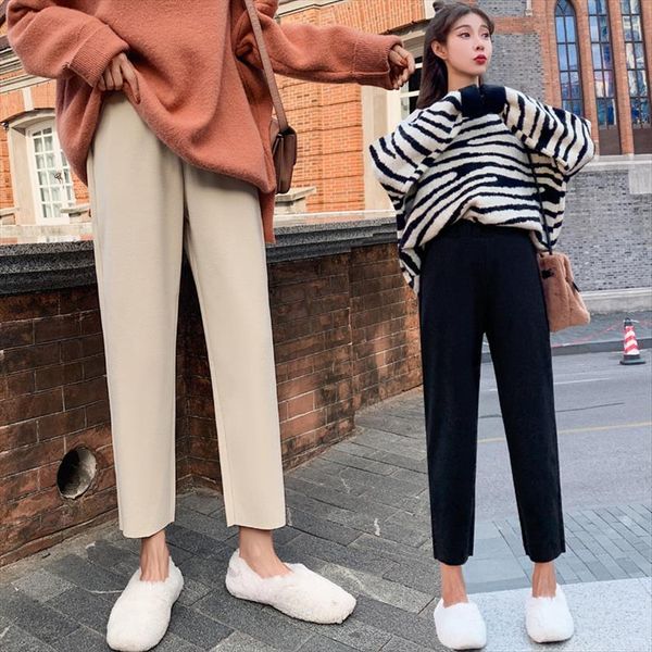 

korean version of the starry women capri sky harem spring woolen casual high waist nine point straight leg, Black;white