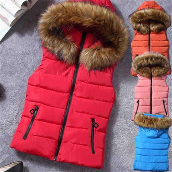 Gilet da donna 2021 Autunno Inverno Moda Stile corto Collo in pelliccia di colore solido Cerniera con cappuccio Spessore caldo Giù Gilet in cotone Donna Trendy 124