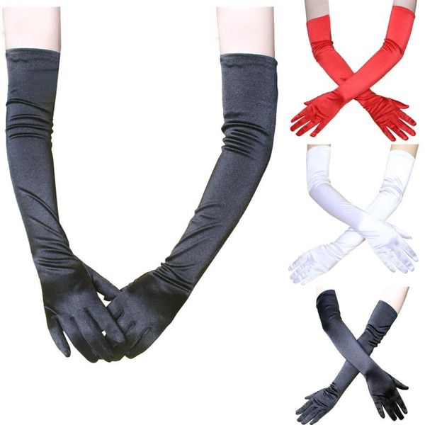 

five fingers gloves women' evening party formal solid color satin long finger mittens forevents activities red white rose 2021, Blue;gray