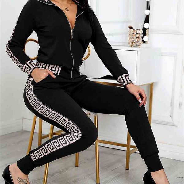 

women elegant fashion two -pieces suit sets female stylish plus size greek fret print coat & pant sets 210722, White