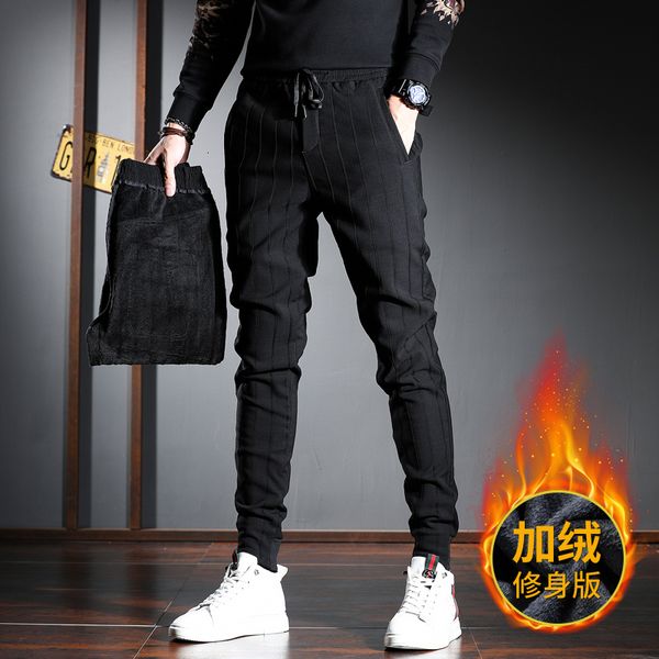 

2021 preto velo masculino casuais inverno moda listra quente magro ajuste calas 7b3f, Black
