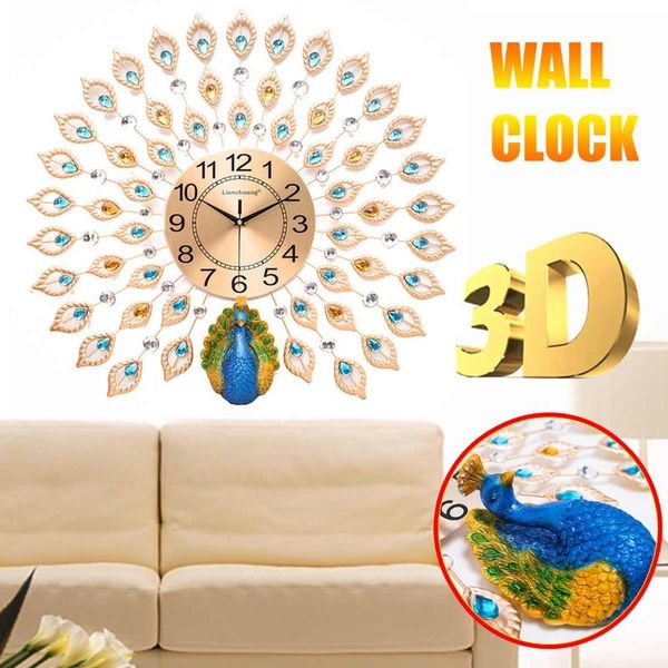 

large 3d diamond crystal quartz peacock wall clocks watch european modern design for home living room decor silent wall clock