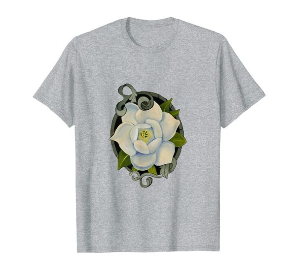 

magnolia in filigree frame novelty t-shirt hand painted, White;black