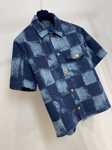 Camisas casuais masculinas designer verão mens marca designer denim camisas de manga curta tamanho dos EUA camisa solta highend xadrez impresso material de algodão luxo único