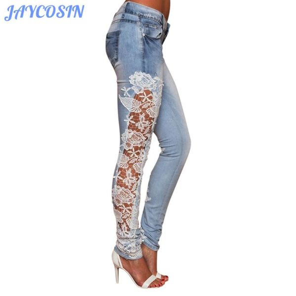 

women's jeans jaycosin 2021 fashion clothes women woman lace hollow out floral appliques skinny denim femme pencil pants girl 1010, Blue