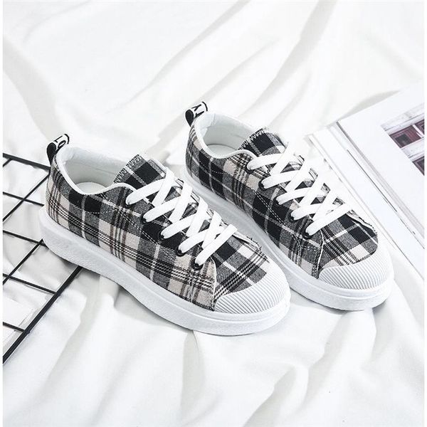 

2020 new plaid canvas shoes female korean version all-match flat-soled student shoes japanese casual sports shoes, Black;grey