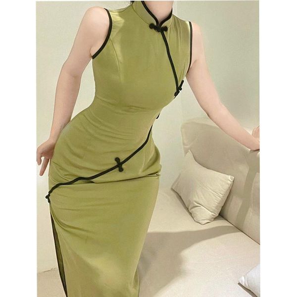 

ethnic clothing sleeveless dress women chinese traditional costumes cheongsam qipao satin summer green skirts bodycon slim elegant wedding, Red
