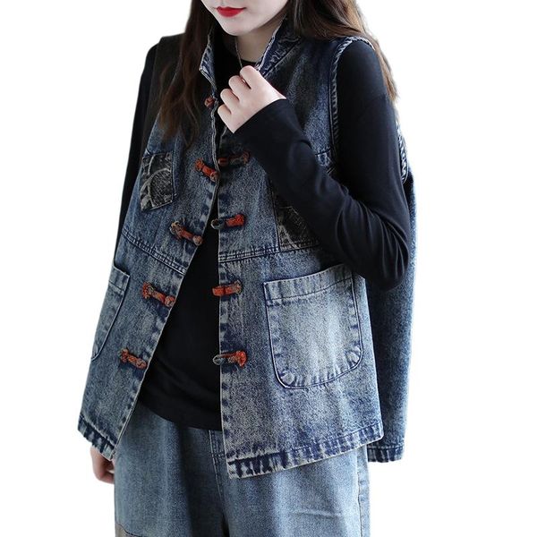 

women's vests national style buckle waistcoat 2021 spring and autumn vest denim with casual jacket for female retro vintage coat, Black;white