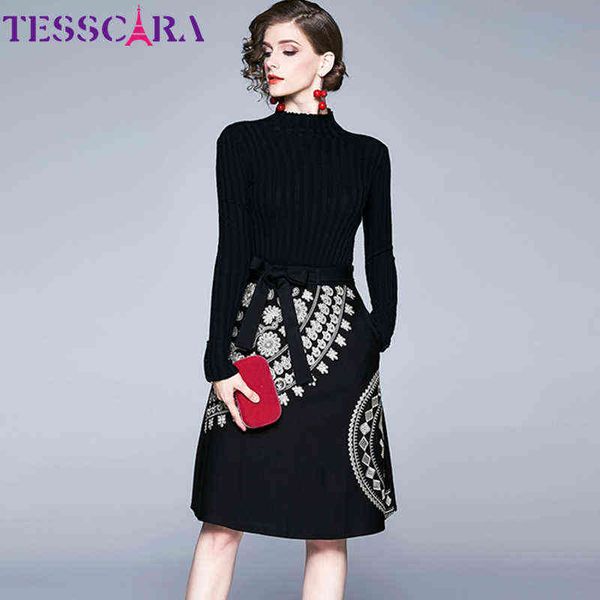 

tesscara women autumn & winter elegant sweater dress female office party robe luxury embroidery designer vestidos g1214, Black;gray