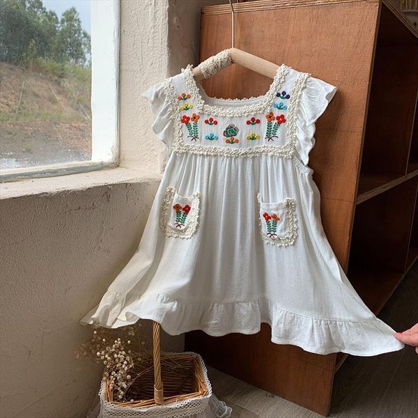 

summer korean style baby girls girl dresses princess embroidery floral ruffles sleeve toddler kids cotton linen, Red;yellow
