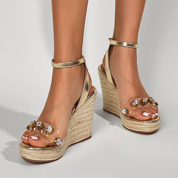 

dress shoes women's sandals transparent pu round toe diamond ladies buckle strap thick bottom concise wedges female outside footwear, Black