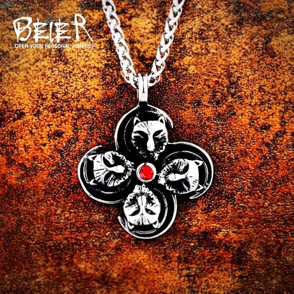 

pendant necklaces beier 316l stainless steel viking amulet four wolf head necklace men fashion jewelry lp235, Silver